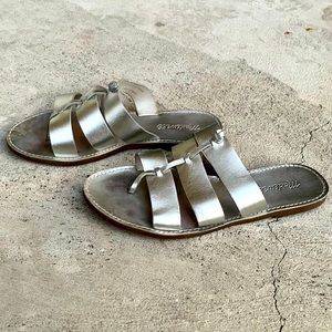 Silver Leather Flat Slide Sandals